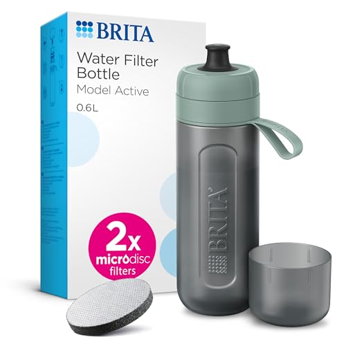 BRITA Sports Water Filter Bottle Model Active Dark Green (600ml) incl. 2x MicroDisc Filters - squeezable BPA-free on-the-go bottle filters chlorine organic impurities hormones & pesticides