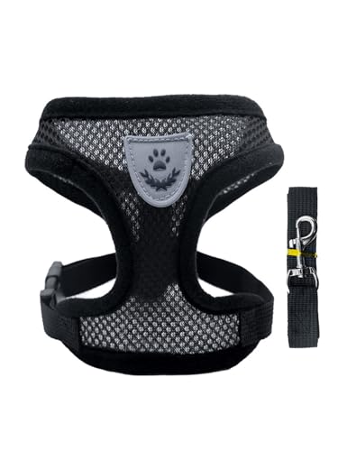 dPois Breathable Dog Harness with Rope Leash Adjustable Step-in Vest for Small Dogs Chihuahua Pomeranian Black Large