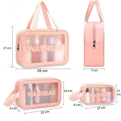 Image of Makeup Pouch Bag PVC Travel Toiletries Organizer Cosmetic Bags Wash Bag Pouch for Travel Kit Toiletry Bag Portable Organizer Case Carry Pouch for Women Bathroom Set of 3 (Pink)
