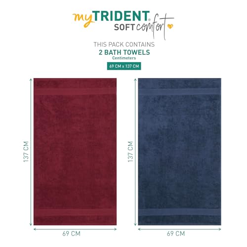 Image of MYTRIDENT Soft Comfort Air Rich 100% Cotton Towels for Bath, 500 GSM Large Size Bathroom Towels for Men /Women, 2PC Bath (69 cm x 137 cm), Wine red and Navy