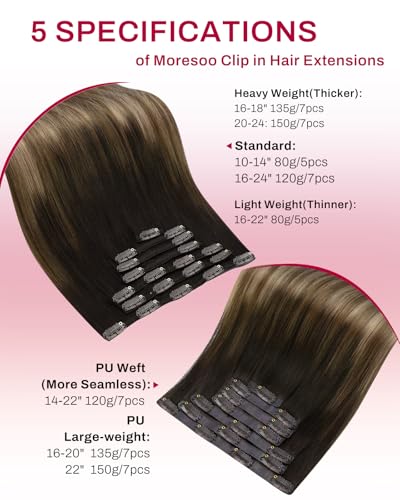 Image of Moresoo Clip in Hair Extensions Real Human Hair, Balayage Brown, PU Weft | Clip in human hair extensions, medium brown to warm chestnut brown with soft beige blonde,14inch 120g 7pcs, for office users