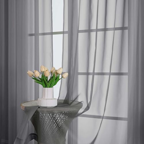 Image of Chyhomenyc Charcoal Grey Sheer Curtains 90 Inches Long 2 Panels, Light Filtering Charcoal Grey Curtains for Living Room, Soft Gentle Voile Rod Pocket Bedroom Window Drapes, 59Wx90L Inch, 2PCS
