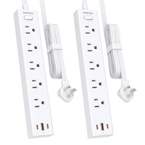 HOPOW Power Strip Surge Protector, 2 Pack, 6 Ft Ultra Thin Flat Extension Cord, Surge Protector with 5 Outlets & 3 USB Ports (2 USB C), 1700 Joules, 3-Prong, Wall Mount for Home Office Dorm, White