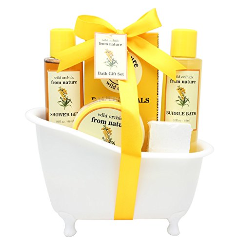 Spa Bath Gift Set Basket - Luscious Body Lotion, Shower Gel, Bubble Bath, Bath Crystals, Bath Bomb, by Saban Beauty