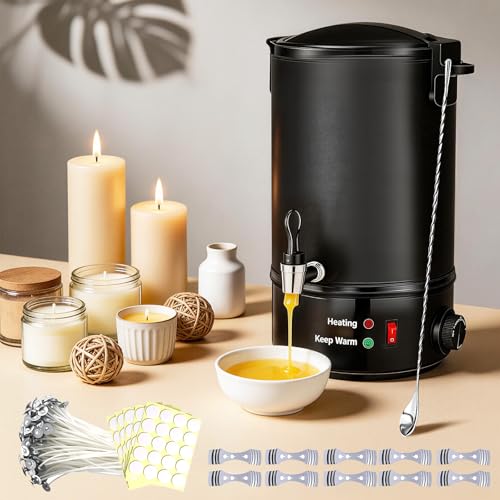 WUDLEP Olla eléctrica de cera de 10 L, derretidor de cera para hacer velas. El kit de fabricación de velas incluye 100 mechas, 10 soportes, 100 calcomanías y 1 cuchara agitadora, ideal para negocios