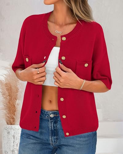 Image of Womens Cardigan Sweaters Short Sleeve 2025 Button Up Y2k Summer Crew Neck Crop Lightweight Knit Shirt Tops