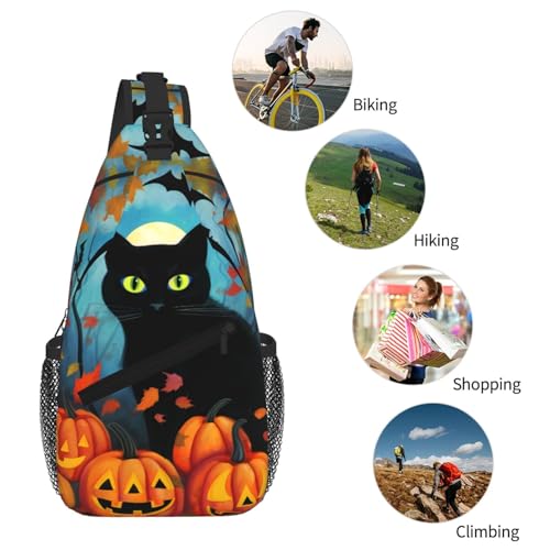 Halloween Black Cat Casual Sling Backpack Crossbody Chest Bags for Unisex Fall Pumpkin Leaf Adjustable Shoulder Bag Multipurpose Daypack 5