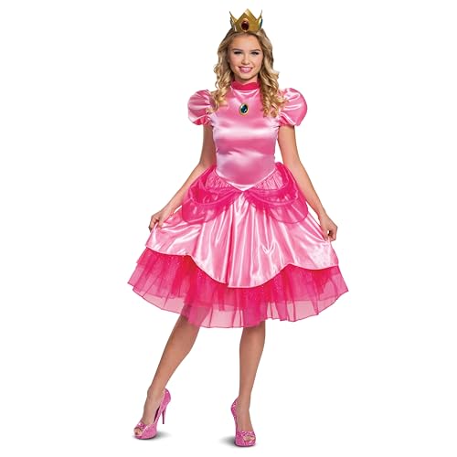 Disguise Princess Peach Costume, Official Nintendo Super Mario Bros Adult Costume Dress and Crown, Womens Size Medium (8-10)