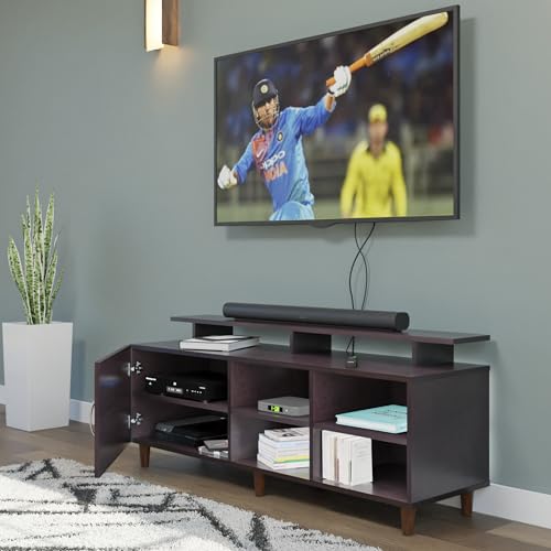Image of VIKI Modern TV Unit for Living Room | Engineered Wood TV Cabinet with 1 Door Storage, 2 Open Shelves & Extension, Entertainment Unit, 140W x 48H x 40D cm | DIY | 1 Year Warranty (Wenge)