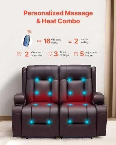 Image of VEVOR Loveseat Recliner Sofa with Massage & Heat, Power Reclining RV Couch, PU Leather Electric Recliner Sofa with USB & Outlet /Storage /Cup Holders /Pockets, Home Theater Seating for Living Room