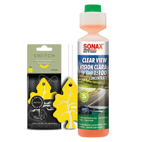 Sonax Clear View 1:100 Concentrate (250 ml) + Air Freshener Combo 702633 | Windscreen Washer Liquid | Car Air Freshener | Hanging Car Accessories