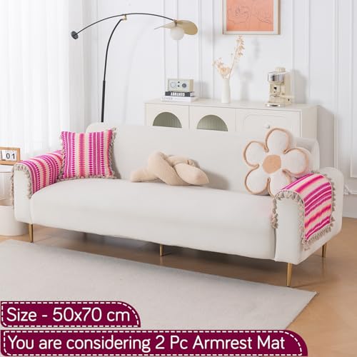Image of HOKIPO 'Artisan Boho Series' Sofa Arm Cover with Tassel | 450 GSM Thick Cotton Acrylic Jacquard Fabric Armrest Mat Size 50x70 cm, Pack of 2, Fuchsia Pink (IN-899-A5*2SM)