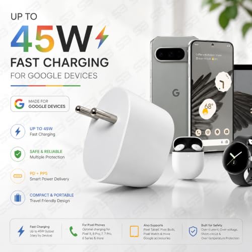 Image of 45W PPS Charger with 1m USB C to C Cable, PD 3.0 Fast Charging Adapter Compatible with Google Pixel 11 /10 /9 /8 /7 /6 Series, Pixel Tablet & Buds, BIS Certified Type C Wall Charger