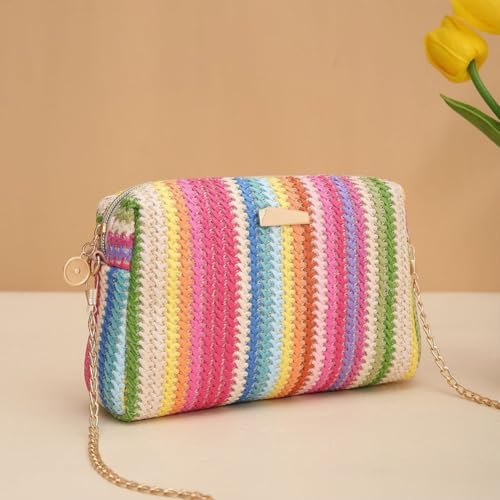 Rainbow Knitting Shoulder Bag Crochet Crossbody Bag Summer Beach Chain Bag Women Handbag for Outdoor Shopping Traveling4