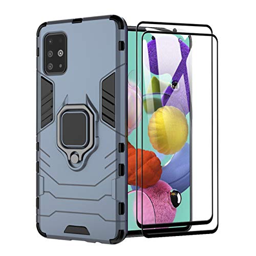XIFAN Coque pour Samsung Galaxy A51 Nouveau Robuste Anneau Support [Fonctionne avec Support De Voiture Magnétique] Étui Housse, Bleu + 2 Pack Verre Trempé Écran Protecteur Cover