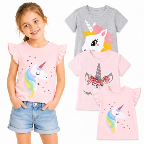 Image of Girls Graphic T Shirts 3 Pack 100% Cotton Short Sleeve Tees for Toddler Little Big Girls Cute Printed Casual Summer Tops