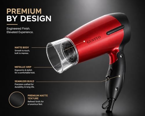 Image of GUSTTO Foldable Hair Dryer 1100W | Compact Travel-Friendly Hair Dryer with Foldable Handle, Hanging Ring, 2 Heat & Speed Settings, Lightweight & Portable (Wine Red), BIS Certified