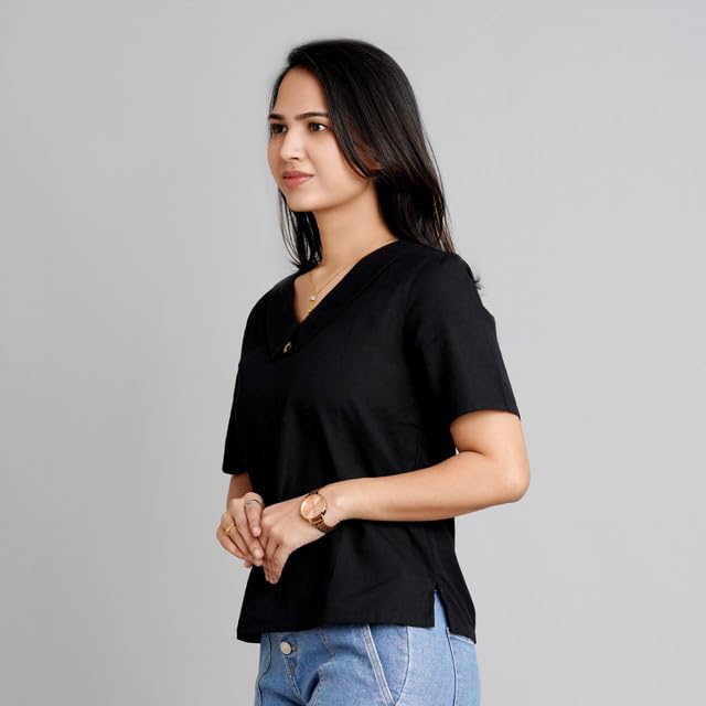 Image of Cotton Linen Regular Fit Half Sleeve Black Casual Wear Top Stylish for Women with Collar and Button Stylization