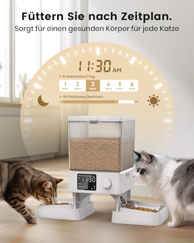 oneisall 5L Futterautomat Katze 2 Näpfe, Katzenfutter Automat mit einem Knopf, Einfache Bedienung, Futterspender für Katzen/Hunde, mit Edelstahlschüssel, Voice Recorder, weiß