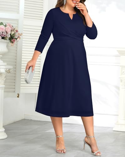 Plus Size Wedding Guest Dress - Church Midi Fall Semi Formal 3/4 Sleeve V Neck A-line Dress for Women 20254