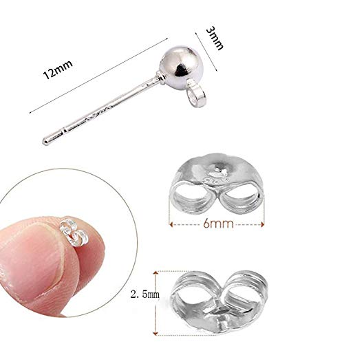 20 Pcs 925 Sterling Silver Plated Ball Earring Studs With Loop, Hypoallergenic Ball Post Earrings With 50 Pcs 925 Sterling Silver Earring Backs For Earring Making Findings #TOP1
