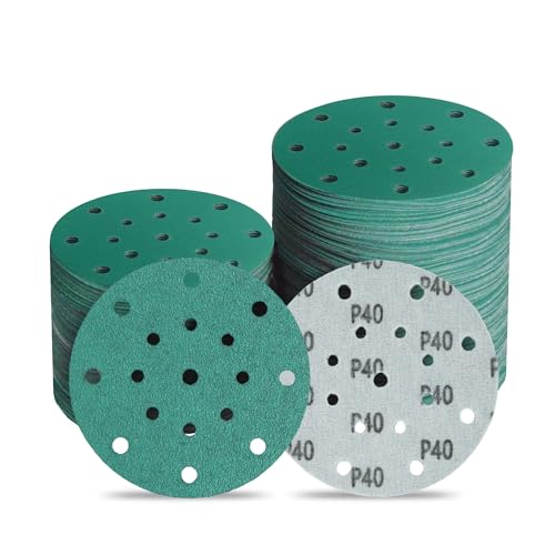 Image of 6-Inch 17-Hole 40 Grit Zirconia Alumina Hook & Loop Sanding Discs, Heavy-Duty Polyester Film Backing, Wet /Dry Anti-Clog for Random Orbital Sanders - Wood, Automotive, Metal - 40 Pack