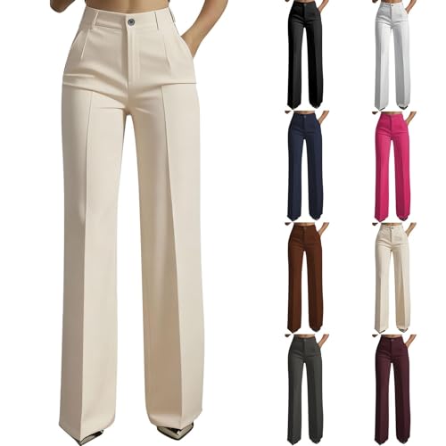 Generic Anzughose Damen High Waist Weite Hose Sommer Marlenehose Elegant Stoffhose Beaumwolle Plissee Hose Lässige Freizeithose Leichte Sommerhose Weites Bein Elegante Hosen Büro Outfit 01 Khaki L
