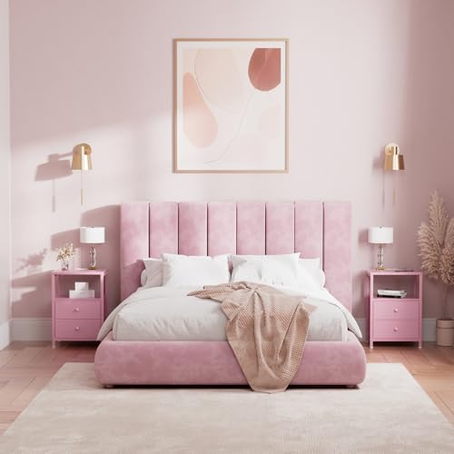 Image of BOLUO Pink Nightstand with Charging Station, LED Night Stand with 2 Fabric Drawers, Bedside Table with USB Ports and Outlets, Nightstand for Bedroom Modern