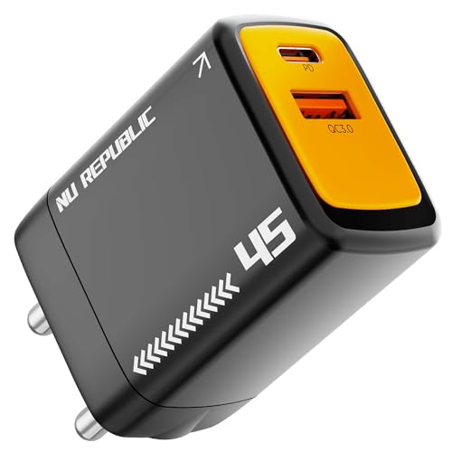 Image of Nu Republic Cybotron GO 45W GaN Wall Charger, Dual Port USB-C PD & USB-A QC3.0, PowerBlitz Fast Charging for Smartphones, Tablets & Laptops (Black)
