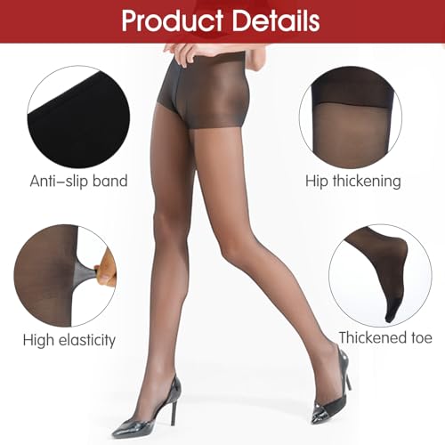 Image of Abeillo 3 Pairs Black Sheer Tights for Women, 20D High Waist Control Top Pantyhose Nylon Stockings with Reinforced Toes
