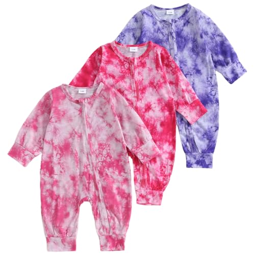 Image of Infant Baby Boys Girls 3 Pack Footless Rompers Long Sleeve Tie Dye Zip-up Jumpsuit Fall Clothes 3pcs Outfit Set