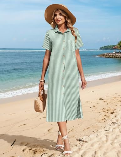 Image of HOTOUCH Womens Dress Summer Casual Midi Short Sleeve Button Down Shirt Dresses Loose Beach Cover Up with Pockets