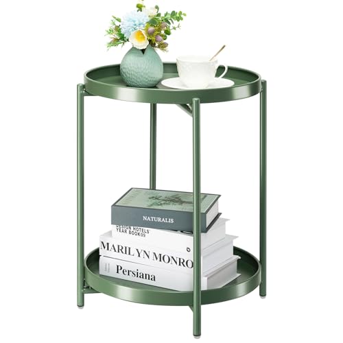 Image of danpinera 2 Tier Metal Side Table with Removable Tray, End Table Outdoor Small Accent Table, Anti-Rust Green Nightstand for Bedroom Balcony Patio (Dark Green)
