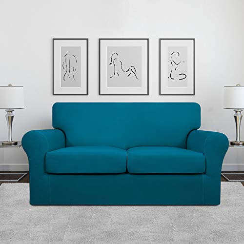 Image of Easy-Going 3 Pieces Stretch Loveseat Couch Cover for 2 Cushion Washable | Sofa Slipcover for Stretch 2 Separate Sectional Cushion Couch - Furniture Protector for Pets, Kids Peacock Blue