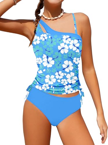 Image of AGAPENG Girls Swimsuit Two Piece One Shoulder Tankini Floral Print Drawstring Swimwear Set 7-14Y