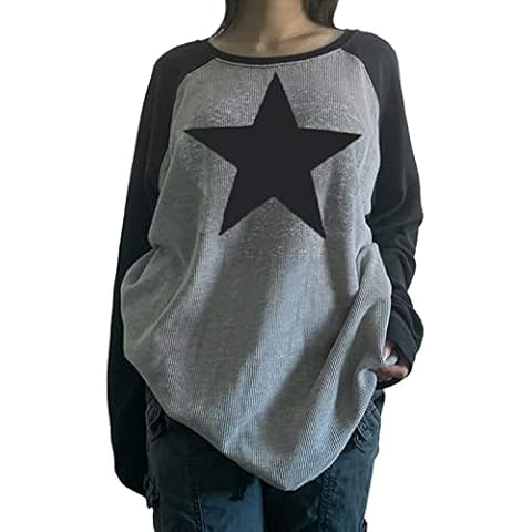 FeMereina Women Aesthetic Vintage Pullover Sweatshirts Fairy Grunge Star Printed Loose Casual Round Neck Long Sleeve Tops Autumn Streetwear (Black, Small) Cover