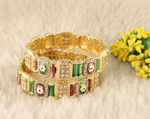 Image of NMII Royal Golden Metal Bangles Set For Women & Girls with Zircon Diamond Stone | Traditional Gold Plated Kangan Set | Fancy Women's Fashion Jewellery Bangles | Wedding, Party, Festive- Set of 2