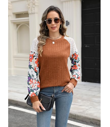 Women's Knit Floral Long Sleeve Sweaters Pullover Crewneck Cute Cozy Color Block Long Sleeve Sweaters Tops2