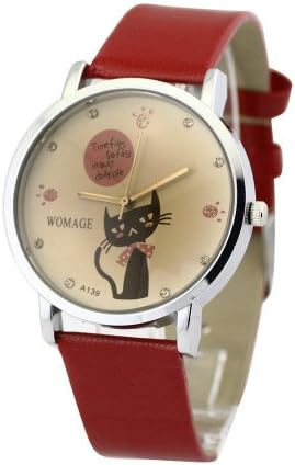 HACBIWA Cute Cat Women Lady Gril Big Dial Red Letheroid Wrist Watches