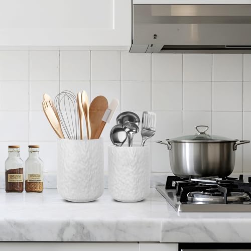 YKDGBRE Ceramic Utensil Holder for Kitchen Counter, 6.3”×4.7” Cooking Utensil Holder for Countertop, 2 Pcs Cooking Utensil Crocks for Spatula, Kitchen Decor, Plant Vase (White Stripe) — view 3