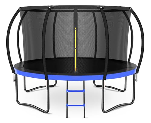 Zevemomo 12FT Trampoline Outdoor, 12 FT Backyard Trampoline for Kids & Adults, Kids Safety Net, Ladder, Curved Poles, ASTM Certified