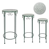 Metal Plant Stand Indoor & Outdoor Set of 3 Round Ceramic Top 28' Tall Mosaic Flower Stand Tile Nesting Display Plant Rack Flower Holder Side Table for Patio Living Room Multi-tiered Flower Pot Holders Garden Accessory Decor Green