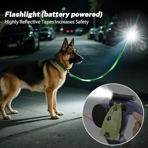 Einziehbare Hundeleine,10Fuß Hundeleine mit LED-Licht, Doppelleine für 2 Hunde, 360° Verhedderungsfreier Leinenverlängerung, mit Kotbeutel, für Hunde bis 50kg, für Training und Spaziergänge (Schwarz)
