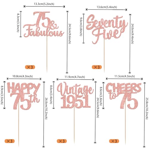 Image of 15 PCS 75th Birthday Centerpiece Sticks Seventy Five Happy 75th Vintage 1951 Table Flower Centerpieces Sticks Cheers to 75 Fabulous Floral Decorations for 75th Birthday Party Supplies Rose Gold
