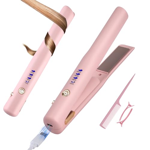 Cordless Hair Straighteners,Rechargeable Mini Hair Straightener Curler 2 in 1,Ceramic Portable Straightener Iron with 4-Level Adjust Temp,Portable Travel Wireless Hair Straightener & Curling (Pink)
