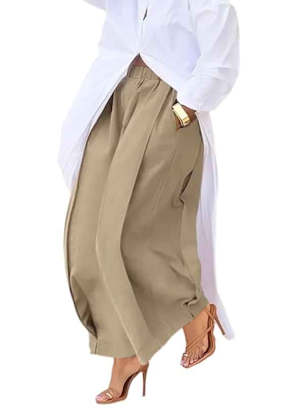UOOZEE Women's Cotton Elastic High Waisted Pants Loose Fit Wide Leg Pleated Fall Winter Palazzo Trousers with Pockets Regular