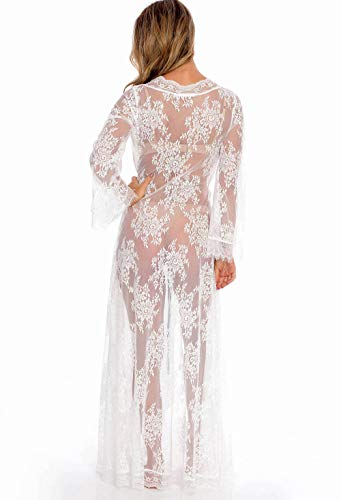 Buttzo Women Sexy Long Lace Dress Sheer Gown See Through Lingerie Kimono Robe (White, One Size) #TOP5