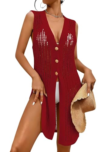Image of Cakulo Womens Crochet Cardigan Summer Sleeveless Hollow Out Long Vest 2026 Boho Beach Vacation Swim Cover Up