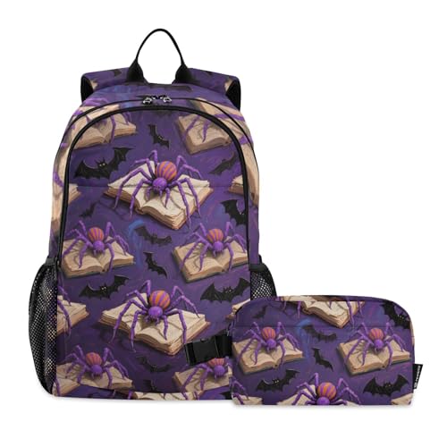 KLL Purple Spider Bat for Halloween Boys Backpacks With Lunchbox School Bag And Lunch Box Set For Boys 9-10 years