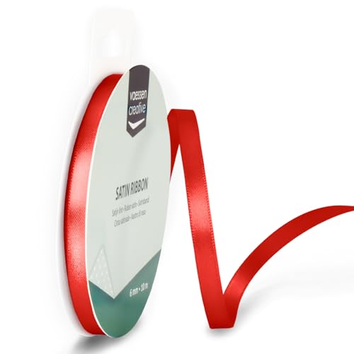 Vaessen Creative Satinband, Rot, Mohnrot, 6 mm x 10 m Doppelsatinband, Schleifenband, Dekoband, Geschenkband, Stoffband für Hochzeit, Taufe und Geburtstagsgeschenke